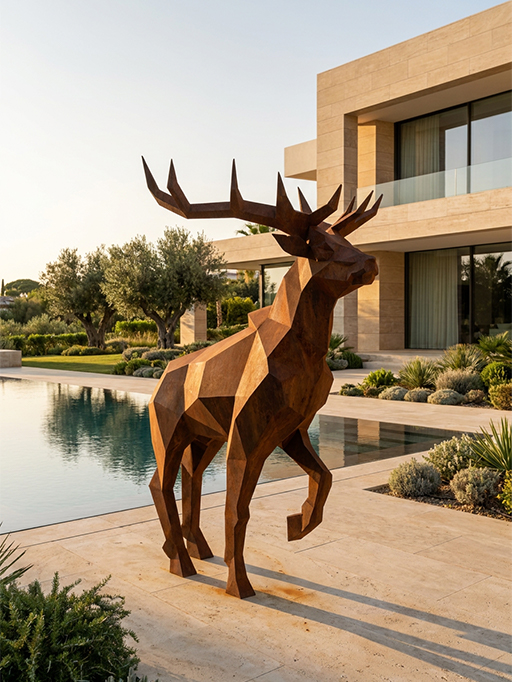 Sculptures contemporaines avec cerf géométrique en acier Corten pour jardin de luxe