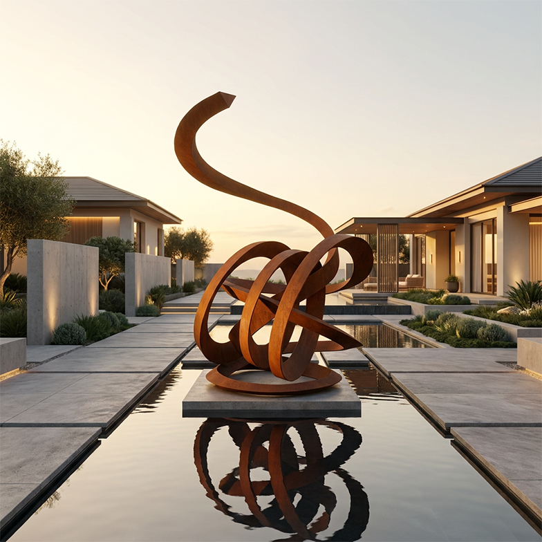 Sculpture Maroc en acier Corten installée dans une villa de luxe