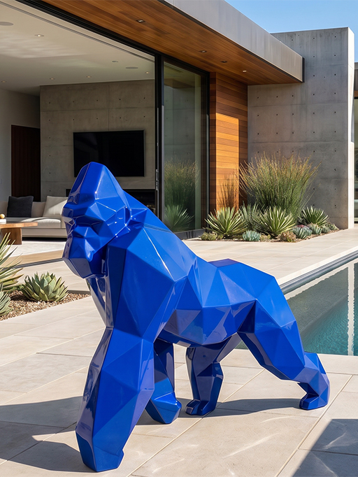 Sculpture Maroc de gorille polygonal bleu pour intérieur contemporain