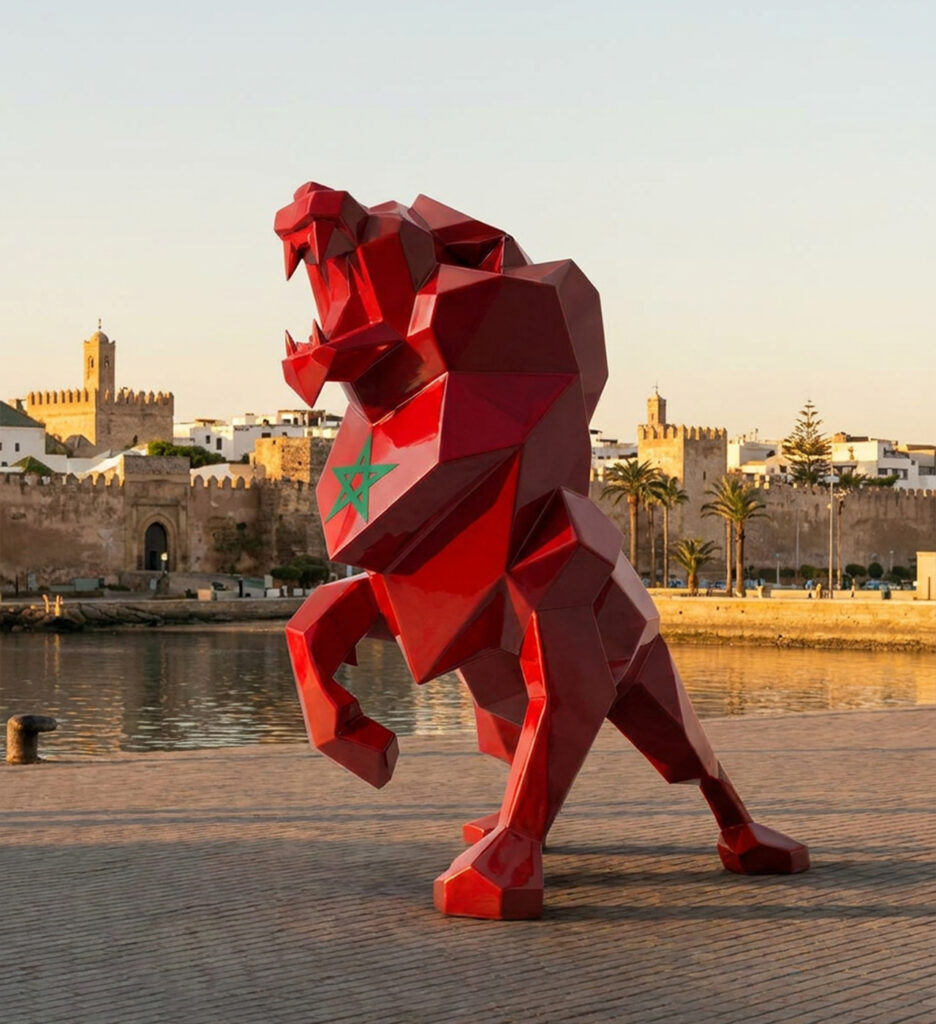 Sculpture Maroc de lion polygonal rouge installée dans un décor urbain marocain